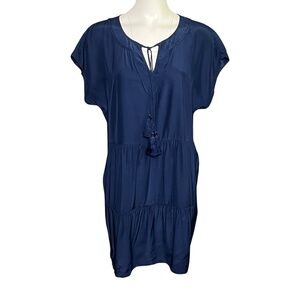 Marie Oliver Silk Navy Blue Keyhole Boxy Shift Tiered Mini Dress Size Medium